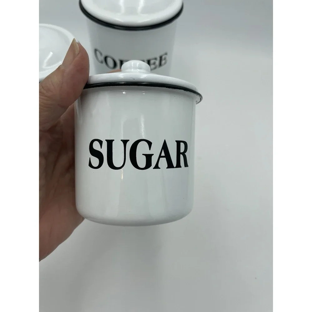 Farmhouse Coffee Tea Sugar White‎ Black Enamelware Canister Set Metal Cottage